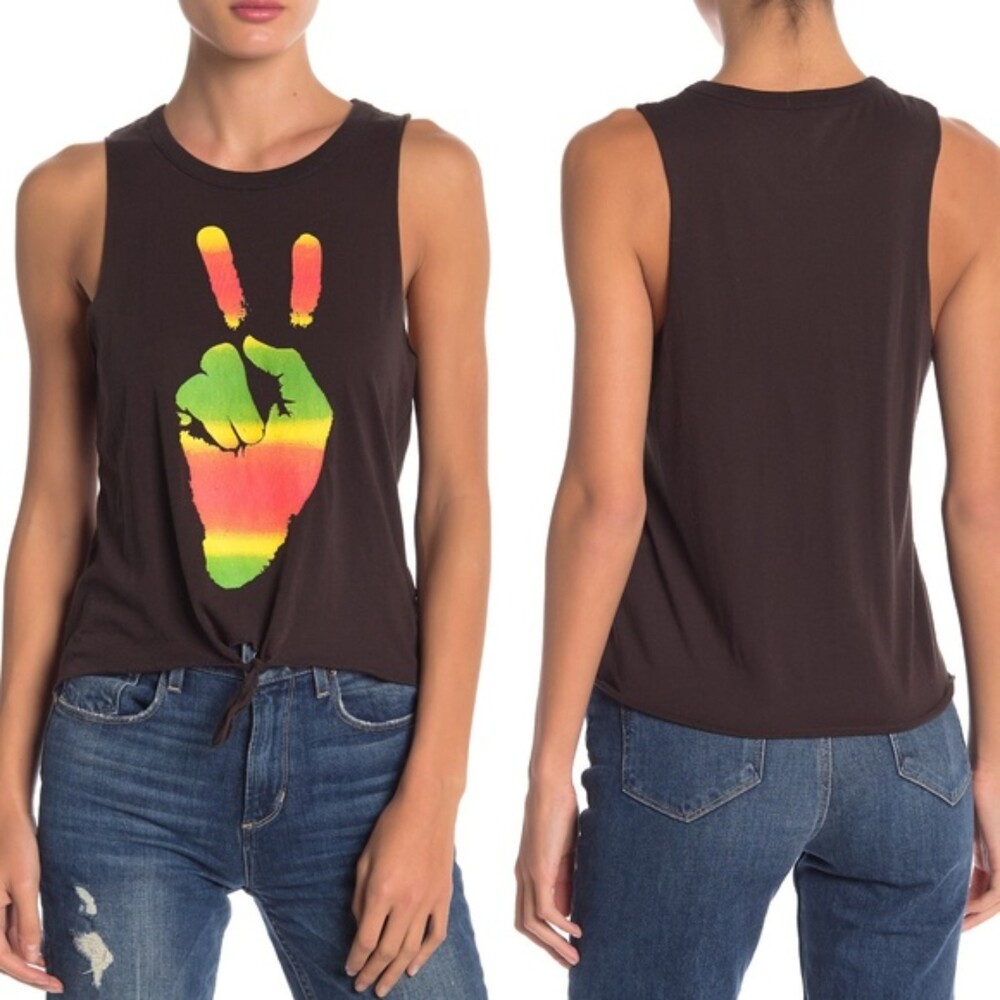 NWT CHASER Peace Sign Rasta Black Burnout Tie Front Tank Top Size M